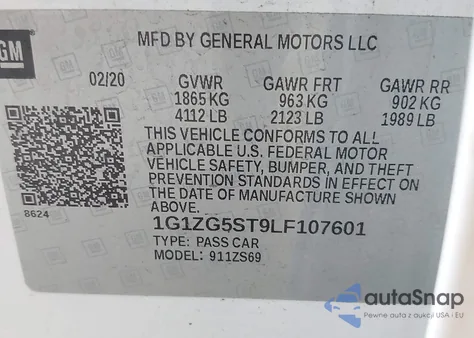 2020 Chevrolet Malibu Fwd Rs из США, поврежденный, VIN 1G1ZG5ST9LF107601